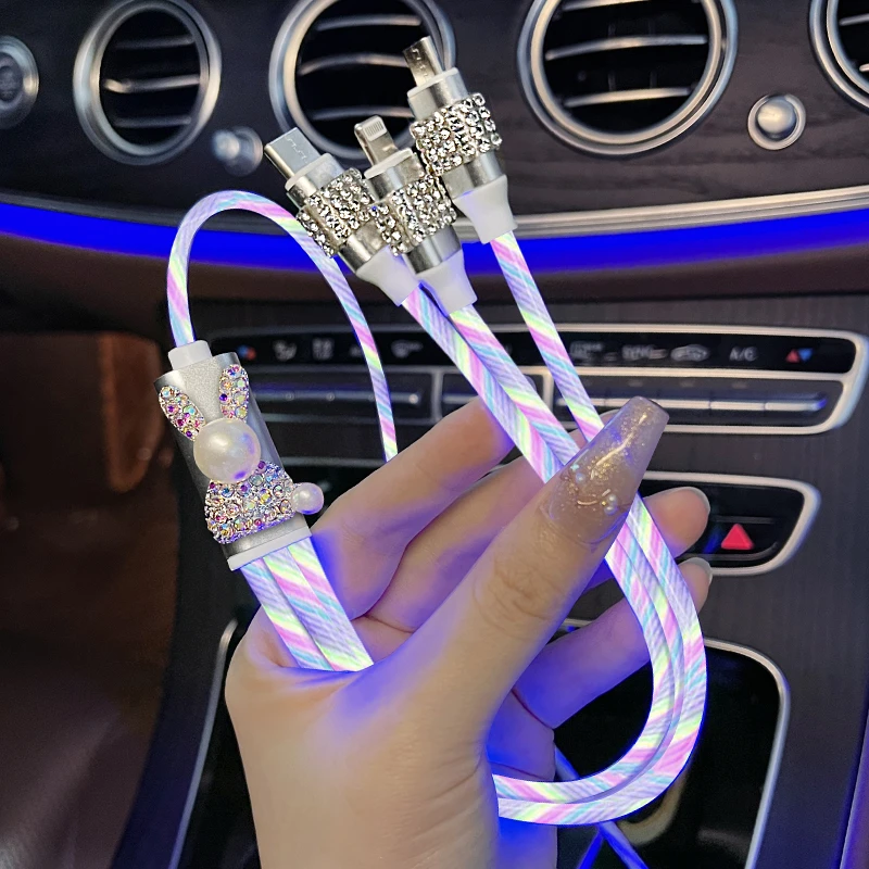 车载数据线三合一超级快充高级镶钻网红女神款汽车充电器一拖三