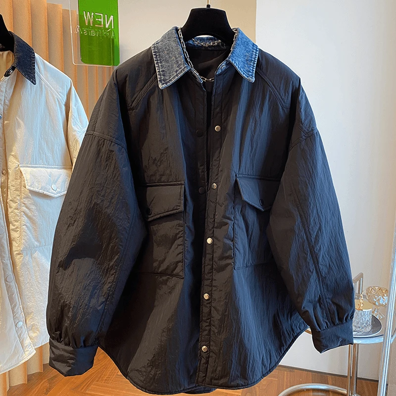 8435欧货设计感小众宽松衬衫式棉服女秋冬中长款遮屁股轻薄款棉衣