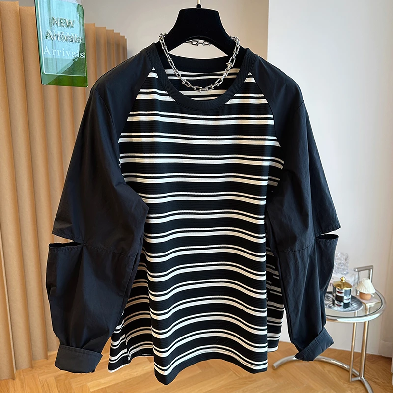 韩国韩版设计感小众宽松复古插肩袖条纹长袖t恤女减龄百搭上衣春