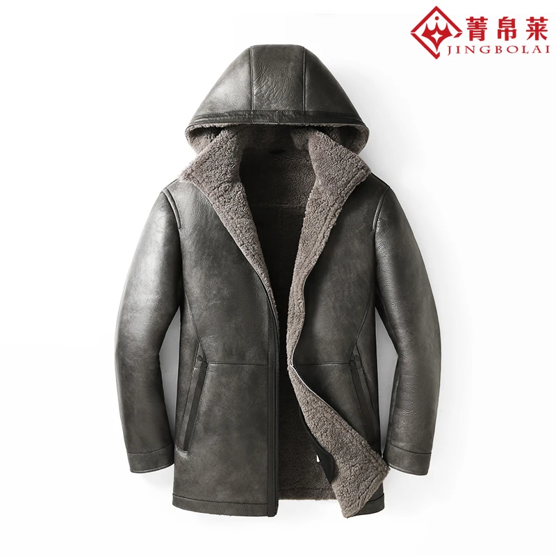 【805】美利奴加绒羊皮毛一体男中长款立领可拆卸帽子休闲真皮衣