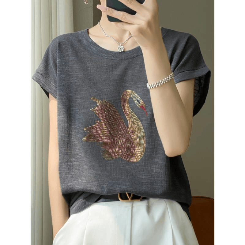 竹节麻短袖t恤女夏装2024新款宽松圆领薄款时尚烫钻背心上衣洋气