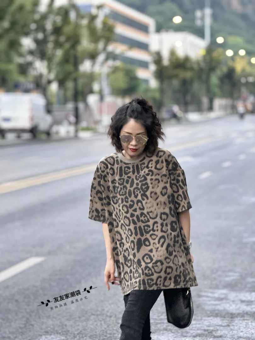 【友友家】豹纹卡其色宽松大版T恤时尚休闲圆领半袖半袖