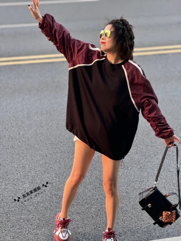 【友友家】长袖拼接大版T恤春秋宽松套头时尚