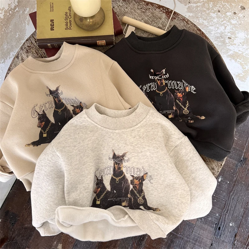 韩版儿童加绒卫衣2023秋冬新款男女童杜宾犬狗狗套头宝宝抓绒上衣