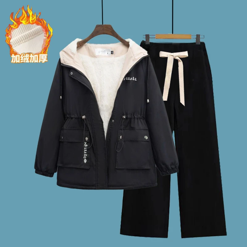 冬季女大童学院风加绒加厚羊羔绒外套中学生保暖棉服阔腿裤套装
