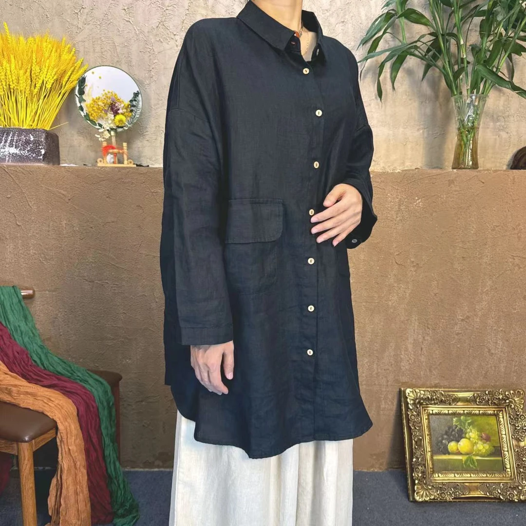 【小雨原创】88138纯亚麻品质包边衬衣(衣长90，胸围140）时尚百搭