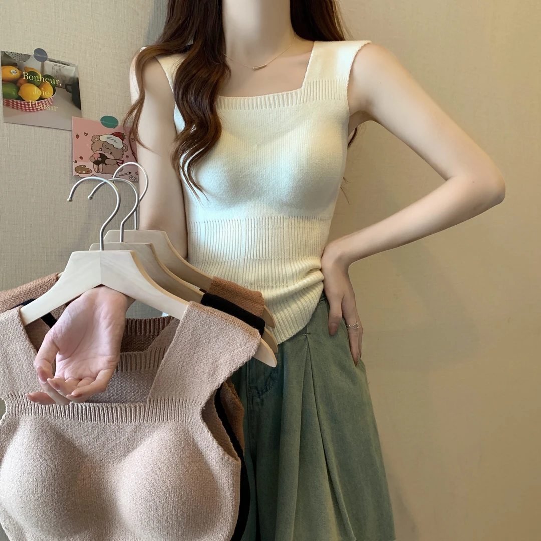 韩版针织毛衣保暖背心女带胸垫秋冬小众内搭百搭修身打底马甲上衣