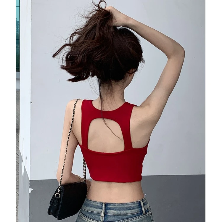 韩系设计感露背美背红色吊带背心女夏季辣妹内搭打底短款上衣外穿