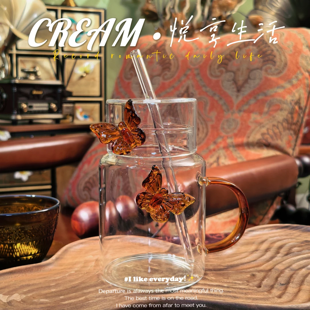 ins风蝴蝶玻璃杯带盖耐高温高颜值水杯子女生家用牛奶咖啡茶杯