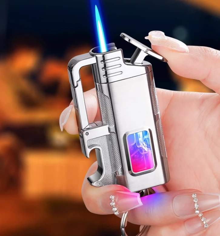 新款创意多功能钥匙扣带啤酒开金属充气防风蓝焰直冲打火机送礼潮