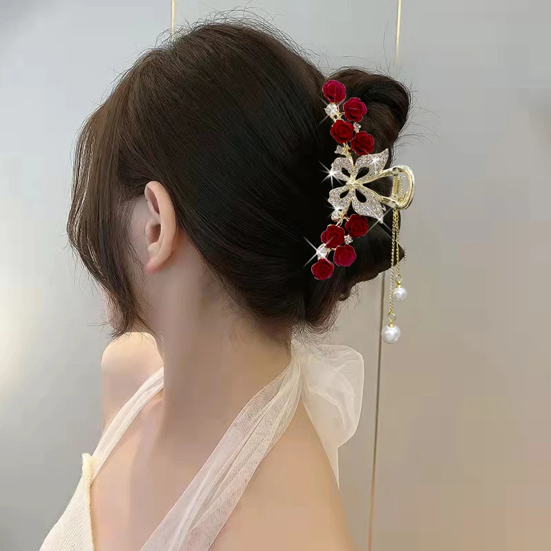 古风玫瑰花复古流苏抓夹网红高颜值ins百搭发夹头发夹子A021时尚