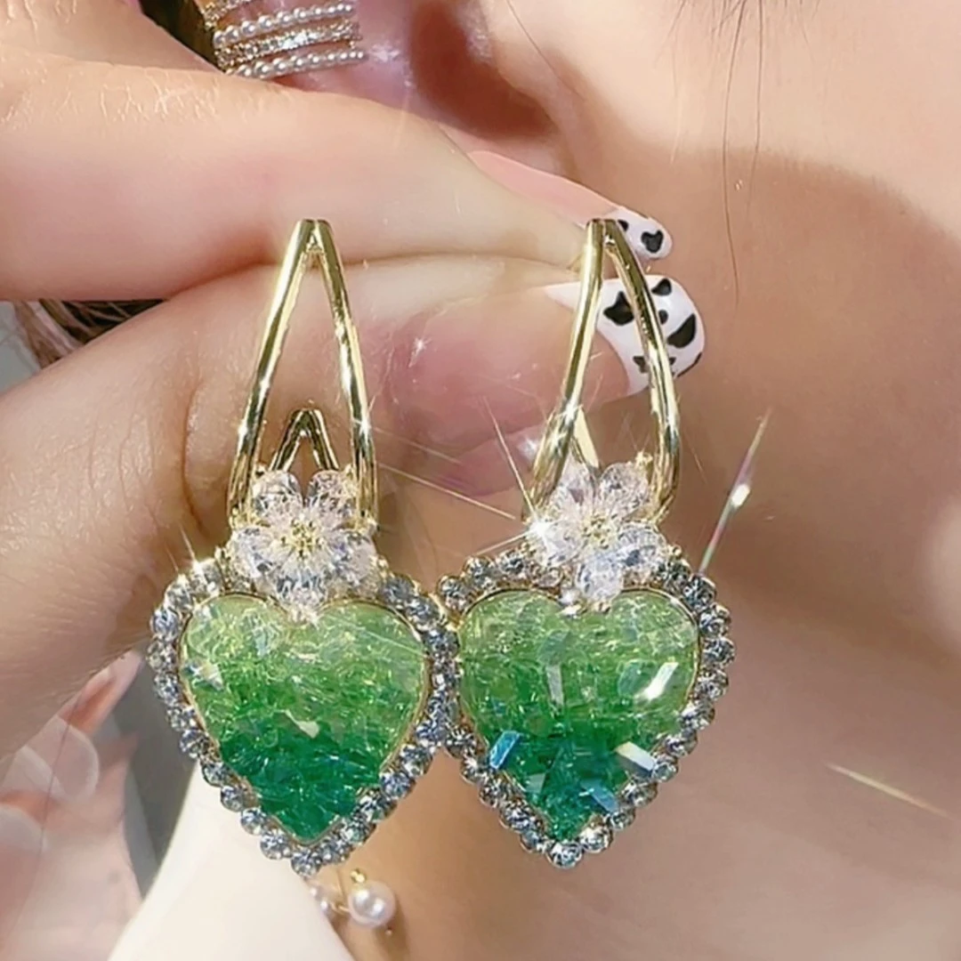 绿色爱心镶钻耳环2023新款潮气质小众韩饰女