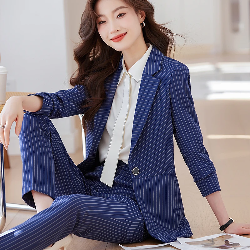 蓝色条纹小西装外套女春秋2023新款商务面试职业装工作服西服套装