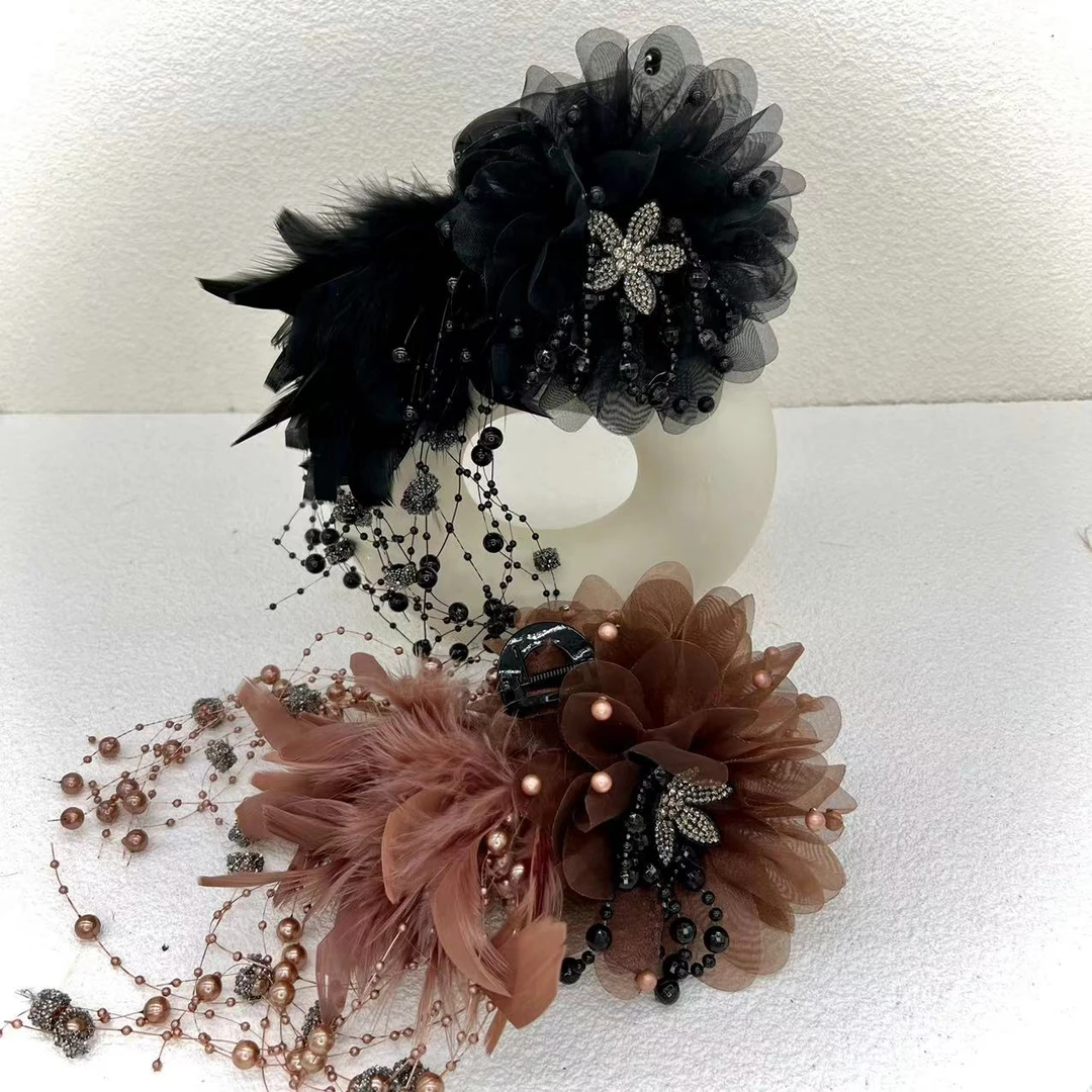 【凤尾花】A783秋冬新款手工羽毛抓夹时尚氛围感气质鲨鱼夹优雅百搭