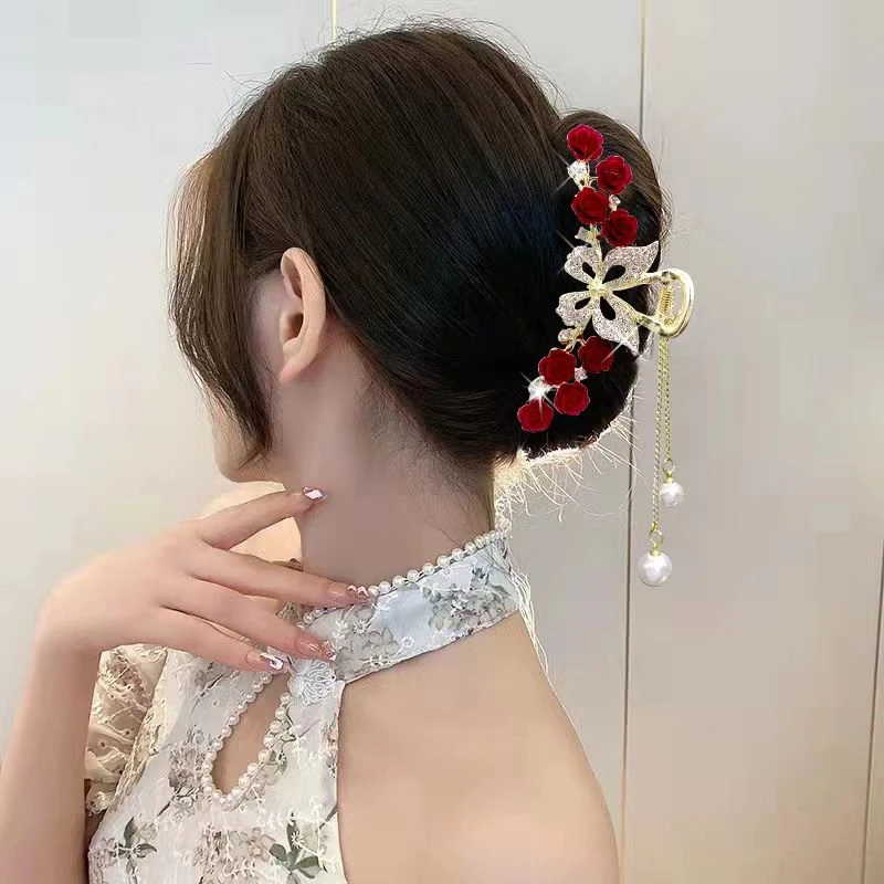 梓圆网红超仙红色玫瑰蝴蝶大抓夹时尚气质发夹头饰优雅百搭A8188