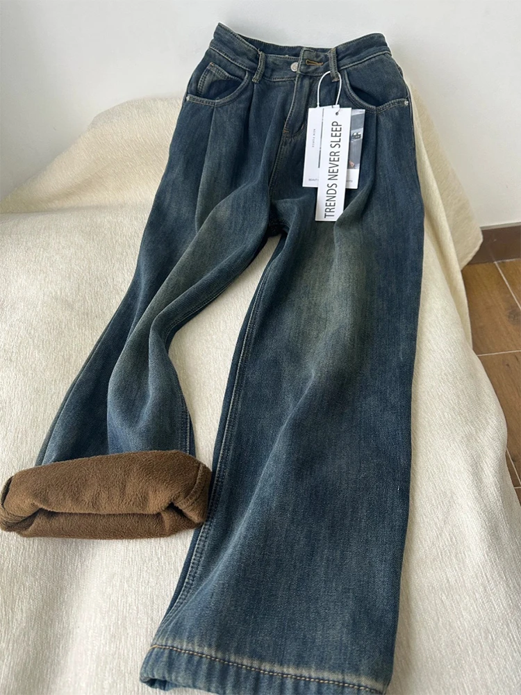 秋冬水泥灰加绒加厚宽松直筒牛仔裤女复古水洗做旧高腰显瘦阔腿裤