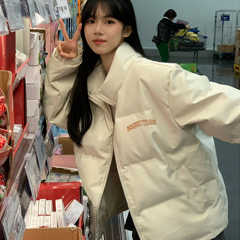 复古立体字母PU皮立领棉服情侣国潮秋冬保暖加厚宽松外套面包服