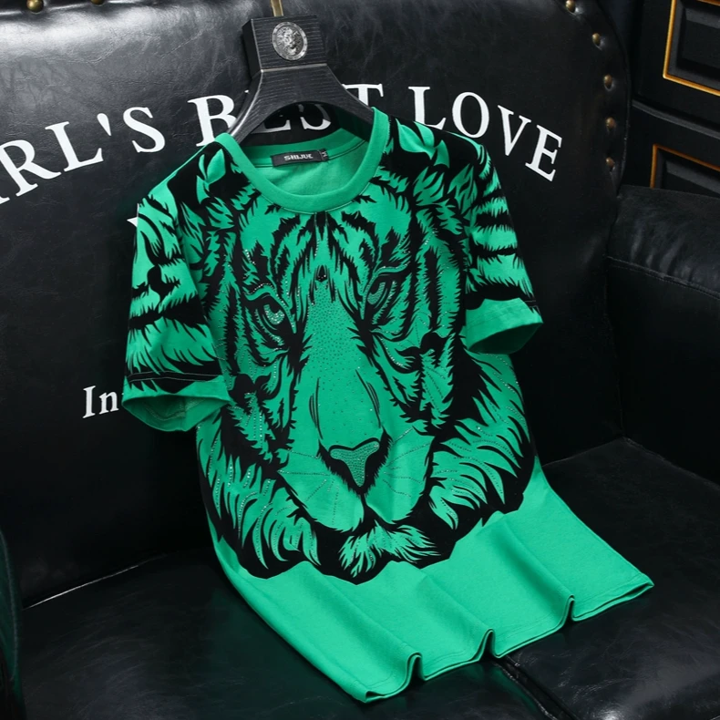 短袖T恤男士轻奢新款夏季上衣高级感潮流百搭老虎头烫钻时尚半袖