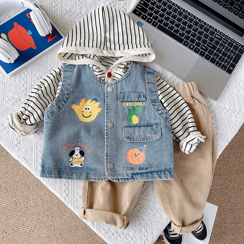 儿童秋装牛仔马甲连帽卫衣套装网红儿童炸街潮童装宝宝春秋款三件