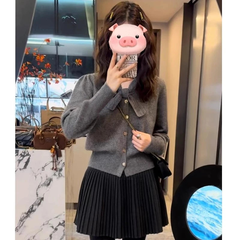 小香风灰色蝴蝶结针织开衫外套女秋冬季小个子修身短款打底衫上衣