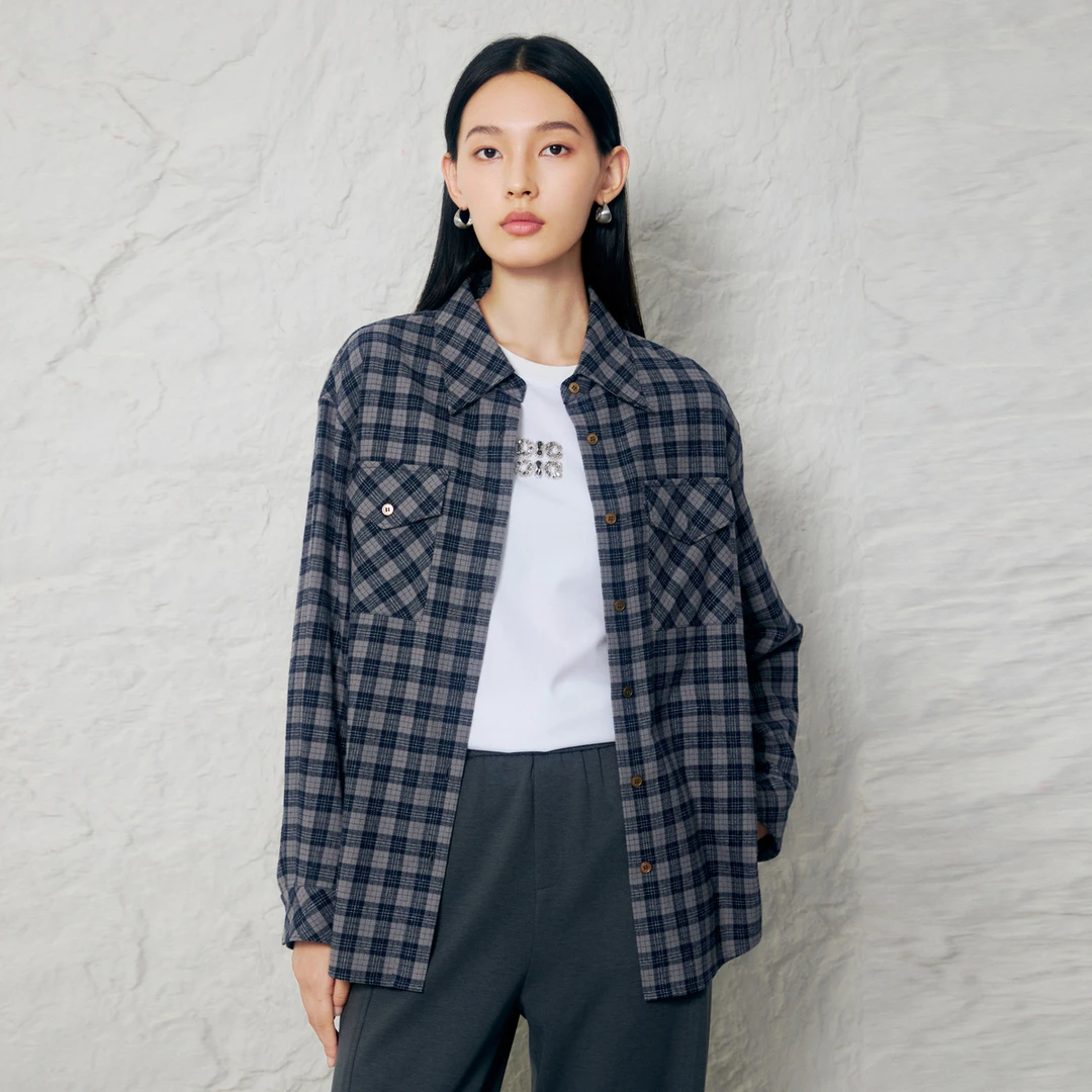 迪赛尼斯新款通勤风休闲时尚百搭上衣格子宽松长袖衬衫女