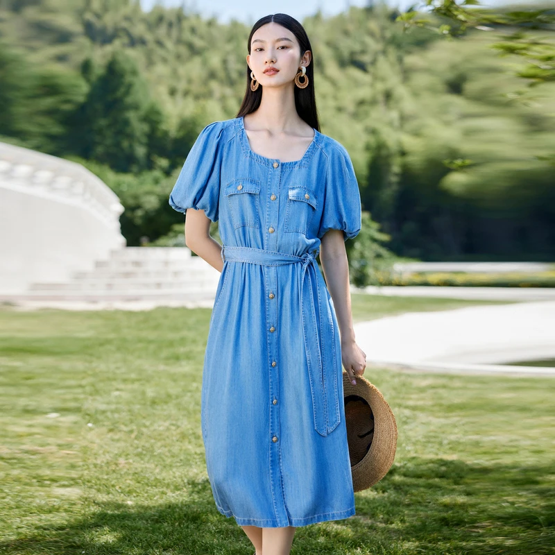 迪赛尼斯夏季新款千金风高腰方领短袖纯色连衣裙