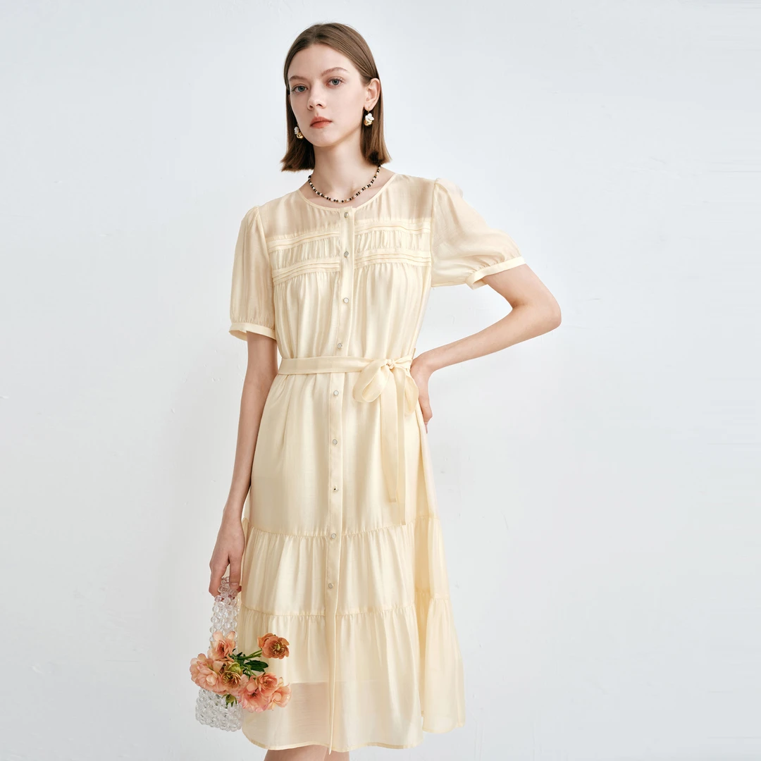 迪赛尼斯新款气质时尚通勤风法式浪漫短袖高腰连衣裙