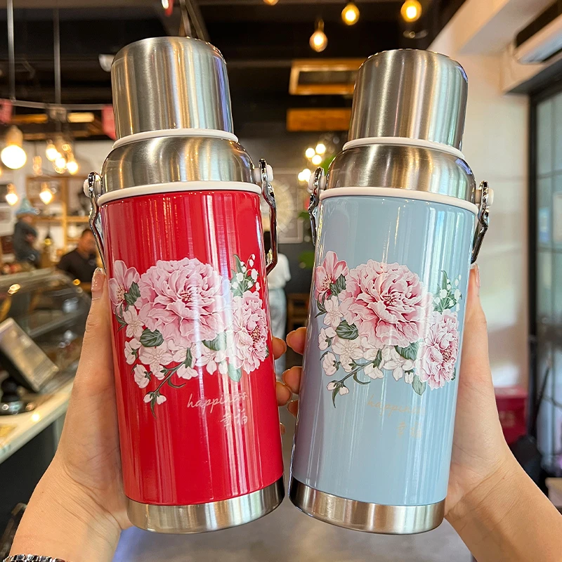 中国风复古保温杯带盖可喝水学生宿舍中老年式便携红色结婚喝水壶