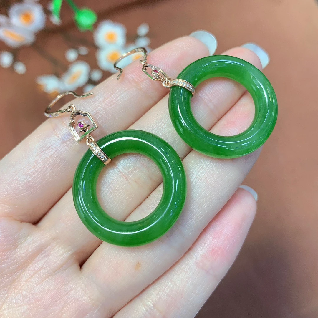 18K金和田碧玉阳绿圆环耳坠,裸石规格约:24.5mm