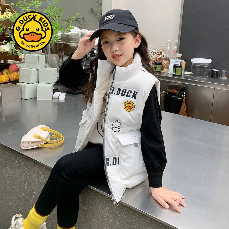 小黄鸭羽丝/绒丝马甲2024洋气免洗秋冬宝宝保暖背心外穿儿童马夹