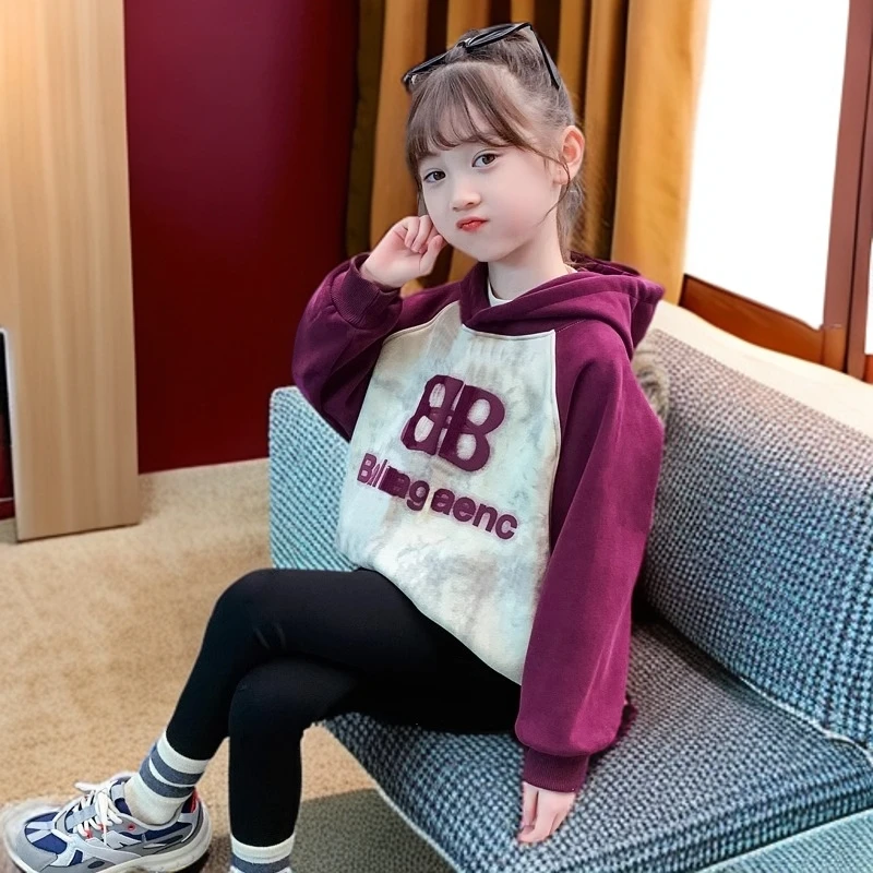 女童加绒卫衣秋冬款上衣2024新款中大童洋气加厚加绒连帽休闲卫衣