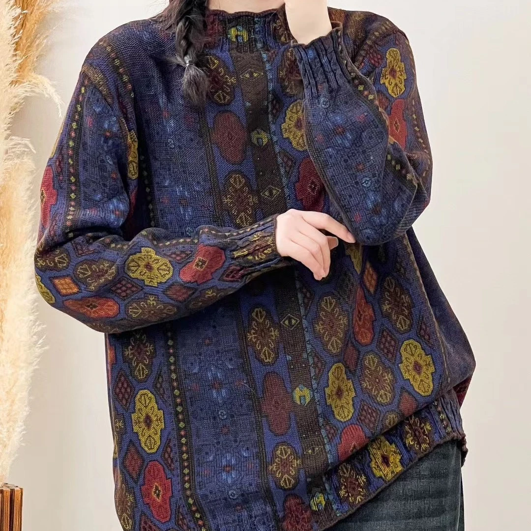 【3625锦绣繁华】印花宽松中高领秋冬长袖针织女士复古上衣民族风