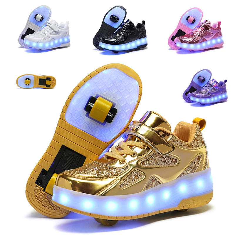 男女童暴走鞋儿童鞋带轮子收缩变形两用轮滑鞋学生充电闪光旱冰鞋