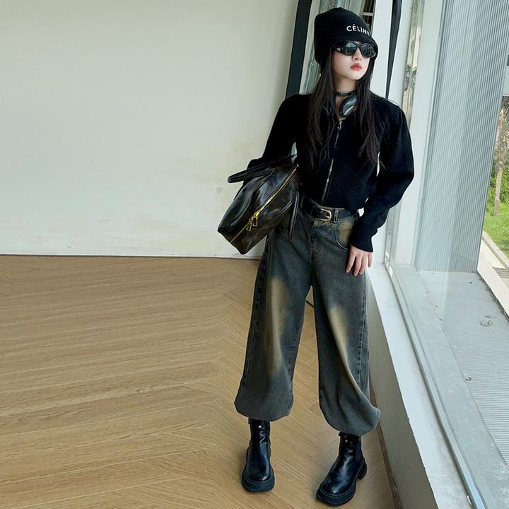 女童牛仔裤套装春秋装2024新款中大童设计感不规则毛衣洋气直筒裤