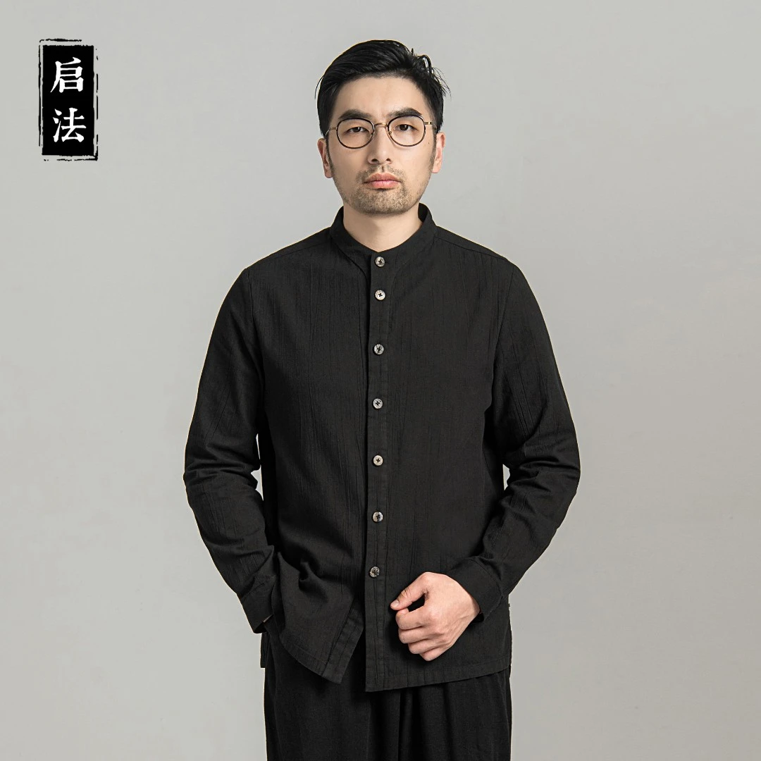 启·法男装秋季全棉长袖衬衫简约百搭立领衬衣宽松休闲复古上衣