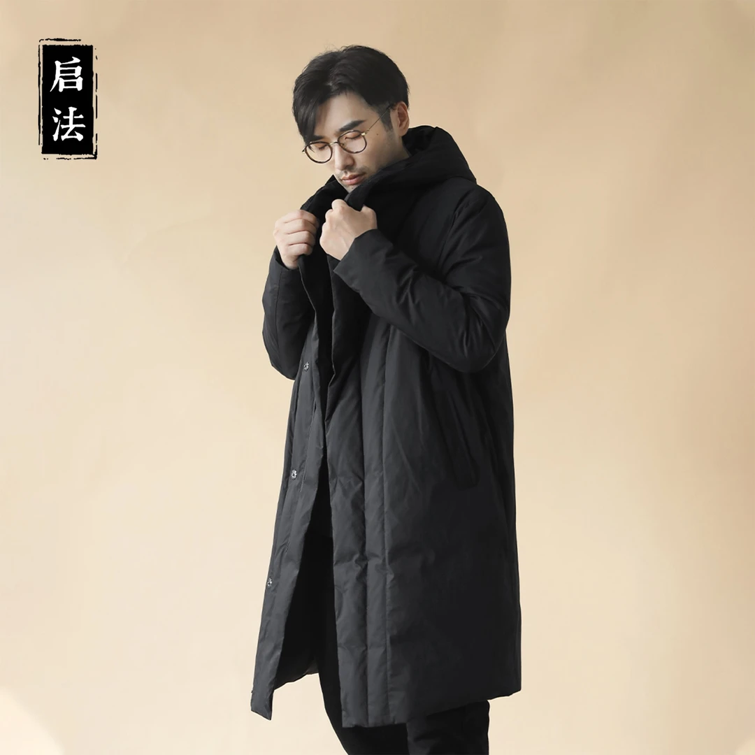 启·法男装冬季全棉连帽羽绒外套黑色简约百搭羽绒服保暖羽绒衣