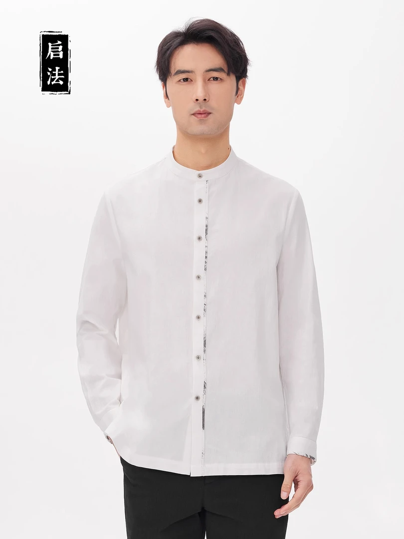 启·法男装中国风水墨饰边立领衬衫新中式简约休闲百搭长袖全棉