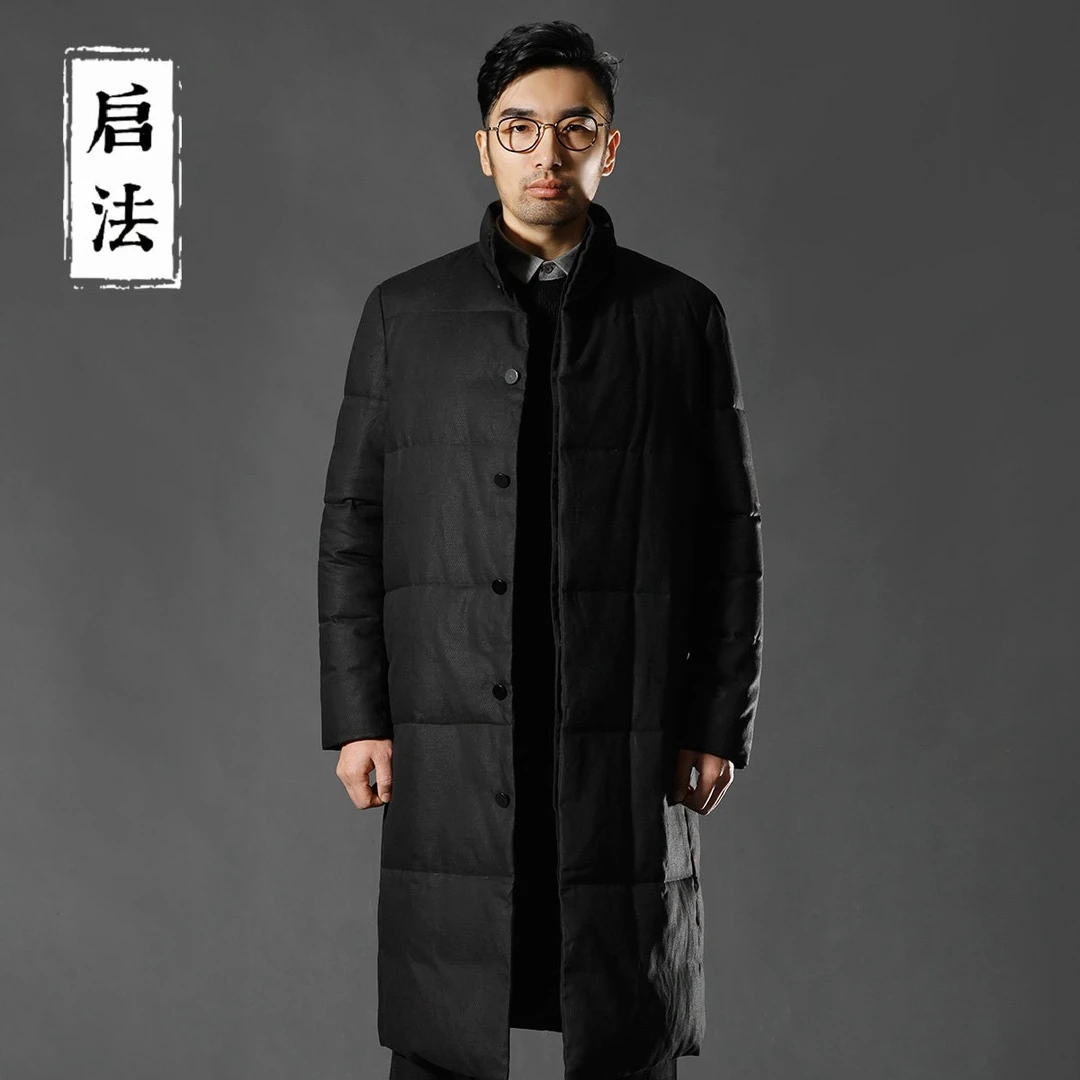 启·法原创男装羽绒服男士中长款立领羽绒外套棉麻羽绒衣