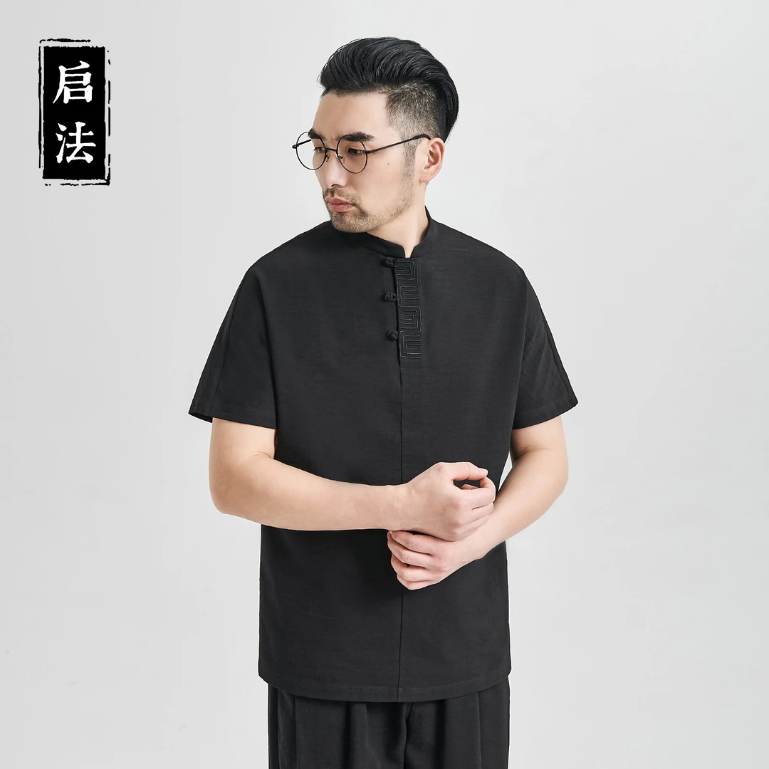 启·法男装夏季新款短袖衬衫中国风盘扣半袖衬衣男复古百搭上衣