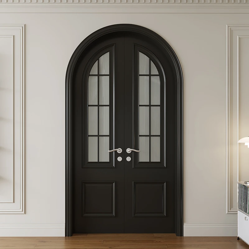 潮盛CS-G004实木烤漆门黑色法式复古卧室房间圆弧拱形对开门入户