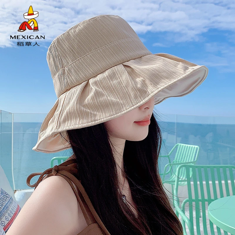 稻草人渔夫帽女遮脸防晒帽子2024新款夏季海边防紫外线遮阳太阳帽
