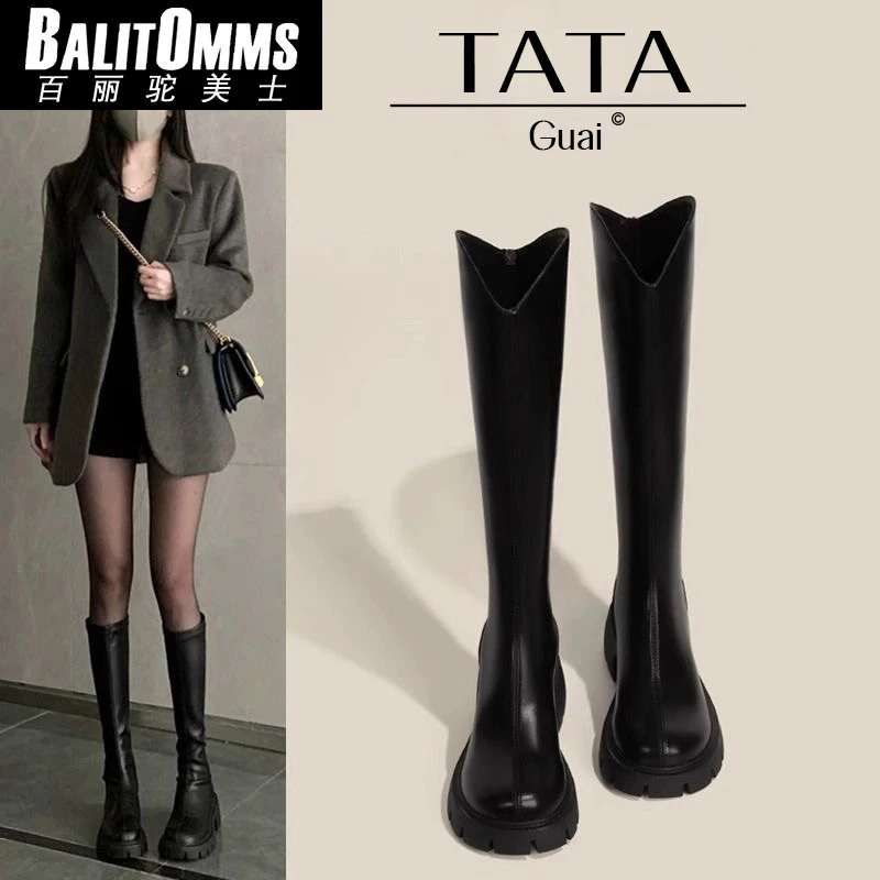 百丽驼美士厚底增高春夏长靴女小个瘦瘦靴大筒围v口网红骑士靴