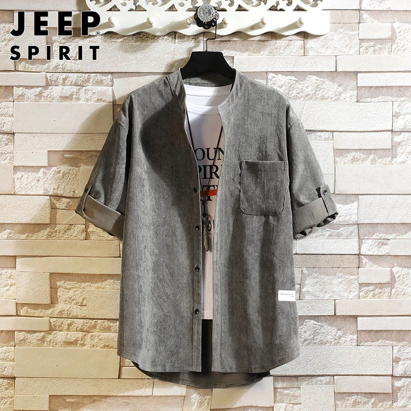 JEEPSPIRIT立领短袖衬衫男士夏季灯芯绒衬衣潮流宽松休闲工装外套