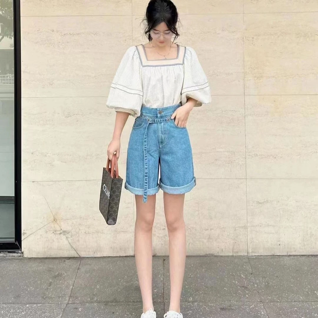 阿家专柜正品高腰腰带直筒百搭牛仔中裤 5100323-2038062-001