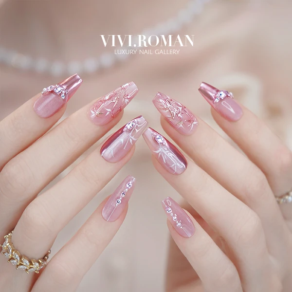 【浮光竹影】原创设计 新中式粉色竹子手绘 魔镜粉猫眼穿戴甲