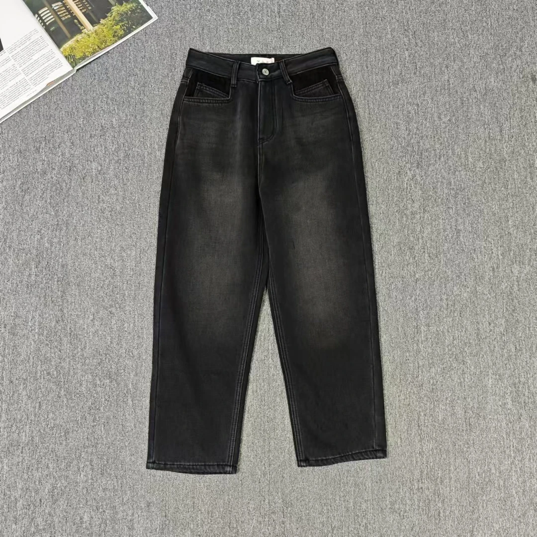 82195余小鱼 黑灰色裤腿磨白设计百搭秋冬加绒九分烟管牛仔裤女装