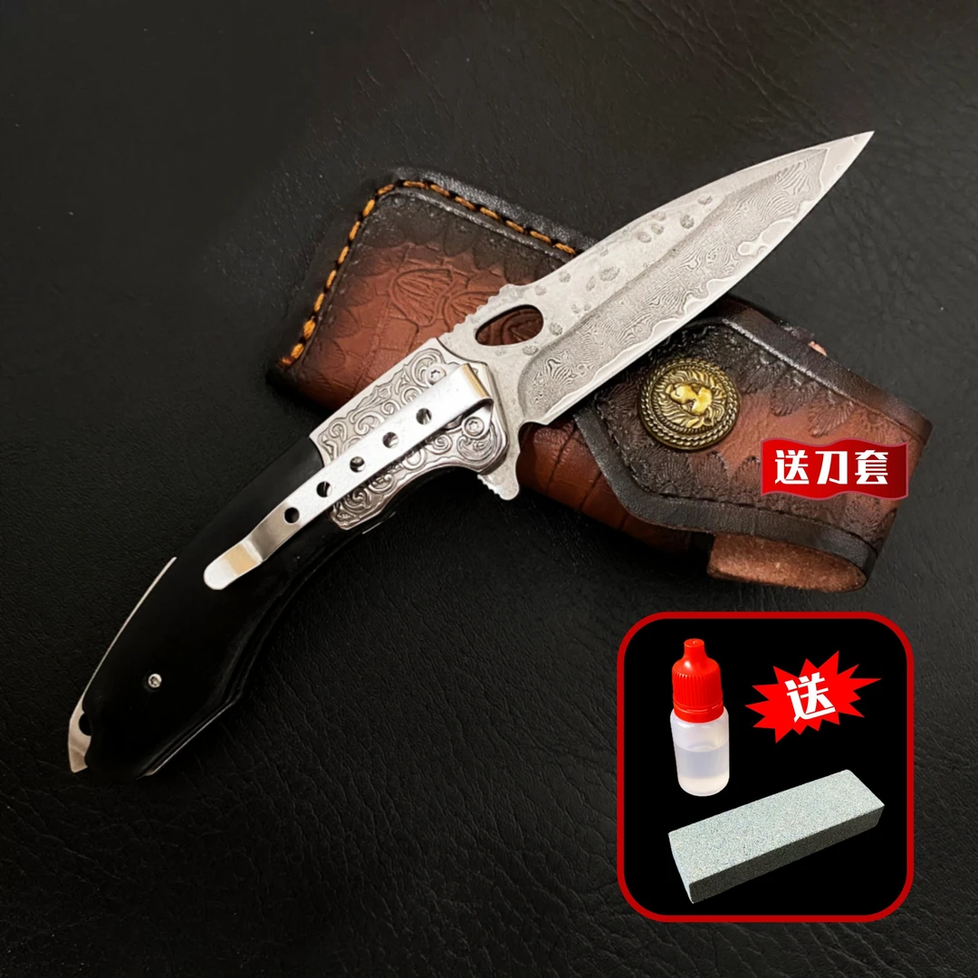 雷动黑金大马士革折叠刀黑檀木手柄硬度高锋利户外露营防身便携