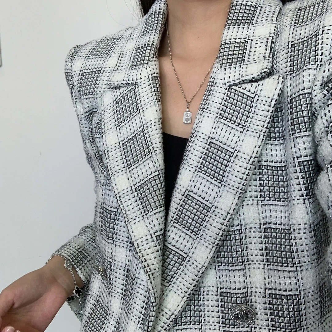 99新 Chanel/香奈儿 20P闪钻双排扣格纹编织西装外套 36码