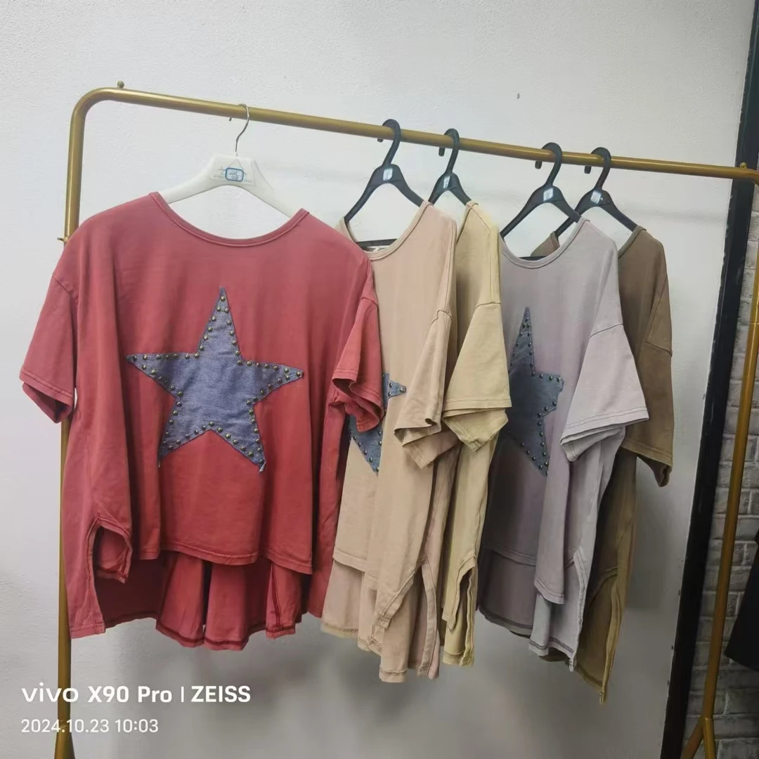 品牌剪标  7仓F4-2-2365款  水洗做旧五角星钉珠短T恤