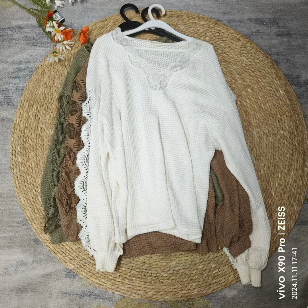 唯琳剪标   C9-7-13498款  V领蕾丝长袖T